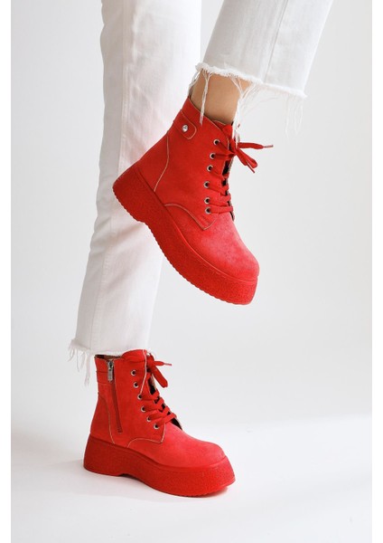 Kadın Postal Bot Bağcıklı Yandan Fermuarlı Kırmızı Termo Kaymaz Taban modelleri