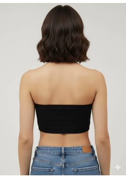 Kadın Siyah Taş Detaylı Straplez Crop Top – Esnek Kumaş, Işıltılı Bant Büstiyer modelleri