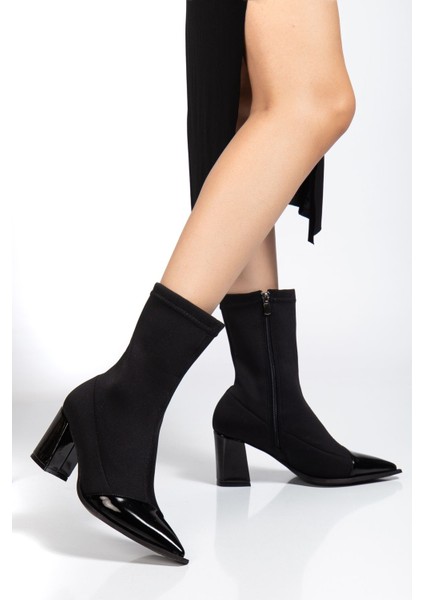 Kadın Siyah Streç Rugan Bilekli Orta Boy Topuklu Bot modelleri