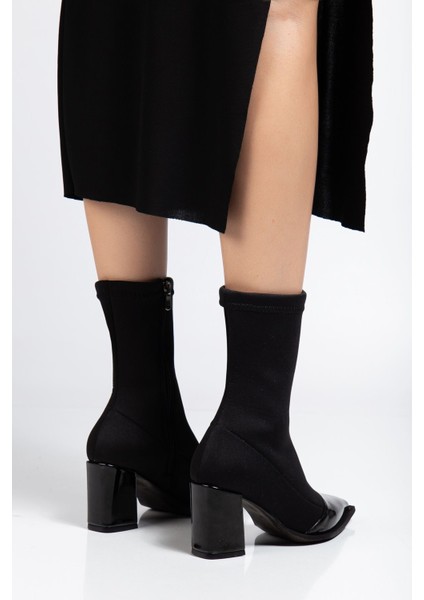 Kadın Siyah Streç Rugan Bilekli Orta Boy Topuklu Bot fırsatları