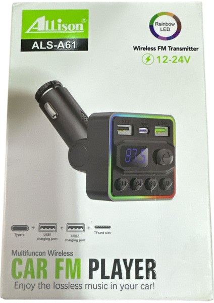 Allison ALS-A61 Bluetooth Araç Fm Transmitter – Type-C & Çift USB Şarjlı, Rgb Işıklı Mp3 Çalar fiyatları