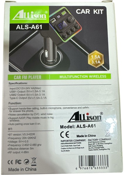 Allison ALS-A61 Bluetooth Araç Fm Transmitter – Type-C & Çift USB Şarjlı, Rgb Işıklı Mp3 Çalar modelleri