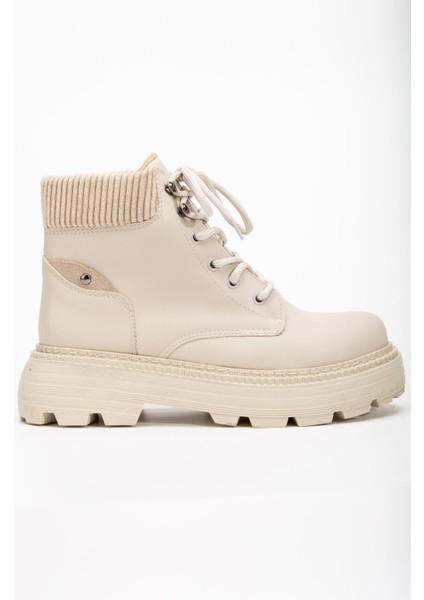 Kadın Bej Cilt Bağcıklı Kaymaz Taban Bot