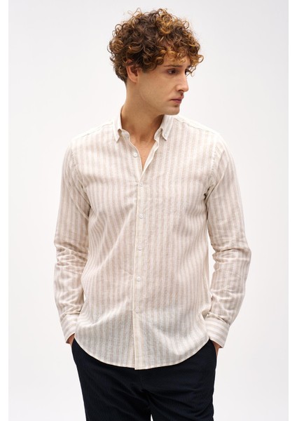 Bej Dynamic Fit Düğmeli Yaka Çizgili Uzun Kollu Cepsiz Pamuklu Gömlek fiyatları