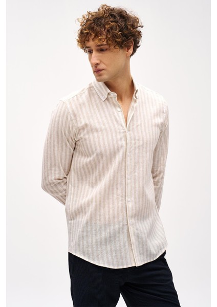 Bej Dynamic Fit Düğmeli Yaka Çizgili Uzun Kollu Cepsiz Pamuklu Gömlek modelleri