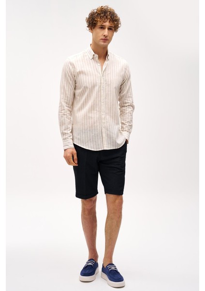 Bej Dynamic Fit Düğmeli Yaka Çizgili Uzun Kollu Cepsiz Pamuklu Gömlek fırsatları