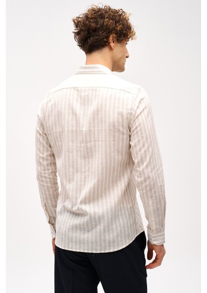 Bej Dynamic Fit Düğmeli Yaka Çizgili Uzun Kollu Cepsiz Pamuklu Gömlek indirimleri