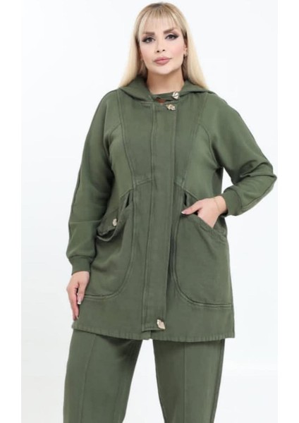 Kadın Büyük Beden Kapüşonlu Kapaklı Düğme Detaylı Torba Cep %100 Pamuk Uzun Gabardin Kap Ceket fiyatları