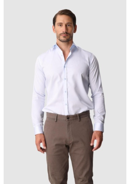 Açık Mavi Slim Fit Dar Kalıp Klasik Yaka Düz Uzun Kollu Cepsiz %100 Pamuk Gömlek