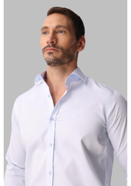 Açık Mavi Slim Fit Dar Kalıp Klasik Yaka Düz Uzun Kollu Cepsiz %100 Pamuk Gömlek modelleri