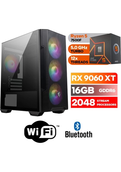 Şafak-Gaming Pc Ddr5-Rx 9060XT 16GB -Ryzen 5 7500F – 16 GB Ddr5 Ram – 1 Tb M.2 SSD 5000 4000 -Windows 11 Pro-