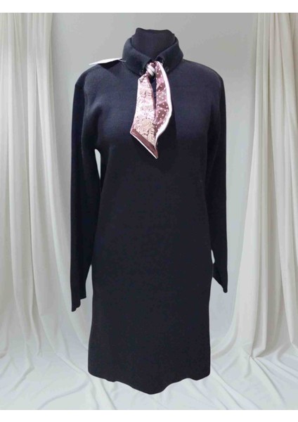 Kadın Siyah Fular Detaylı Akrilik Triko Elbise