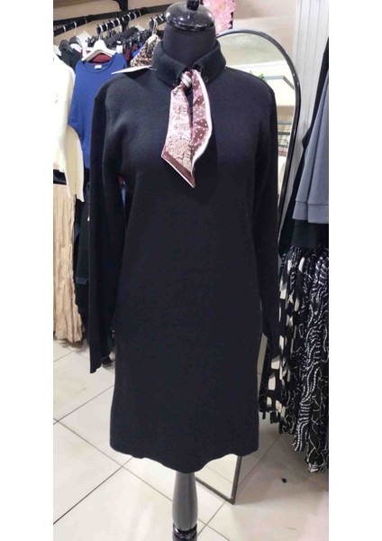 Kadın Siyah Fular Detaylı Akrilik Triko Elbise fiyatları