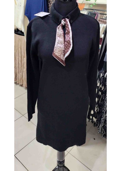 Kadın Siyah Fular Detaylı Akrilik Triko Elbise modelleri