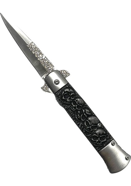 Swat Yarı Otomatik Siyah Kurukafa Kabze Kemer Klipsli Outdoor Çakı