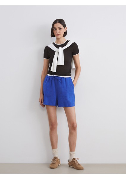 Yeni Sezon Beli Lastikli %100 Keten Kadın Şort