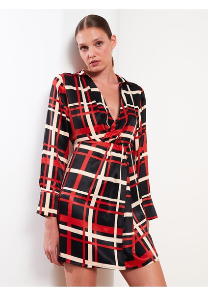 Yeni Sezon Gömlek Yaka Ekose Uzun Kollu Saten Elbise