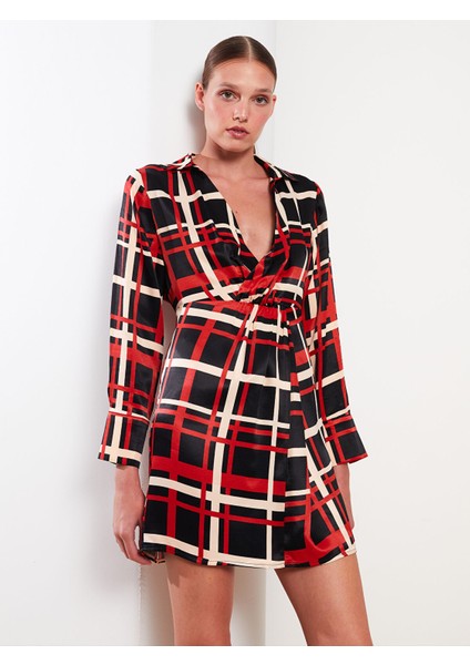 Yeni Sezon Gömlek Yaka Ekose Uzun Kollu Saten Elbise fiyatları