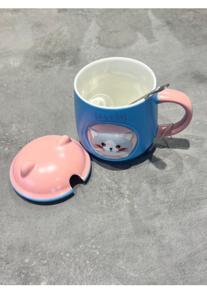 Kapaklı Kaşıklı Hediyelik Kupa Kedi Detaylı