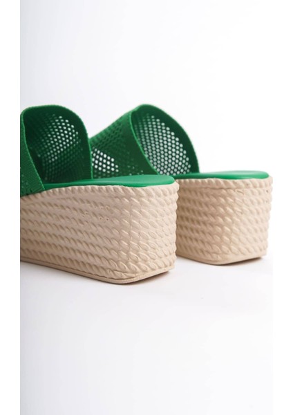 Marla Dolgu Topuklu Ortopedik Taban Hasır Görünümlü Triko Kadın Terlik Tkt - Yeşil indirimleri