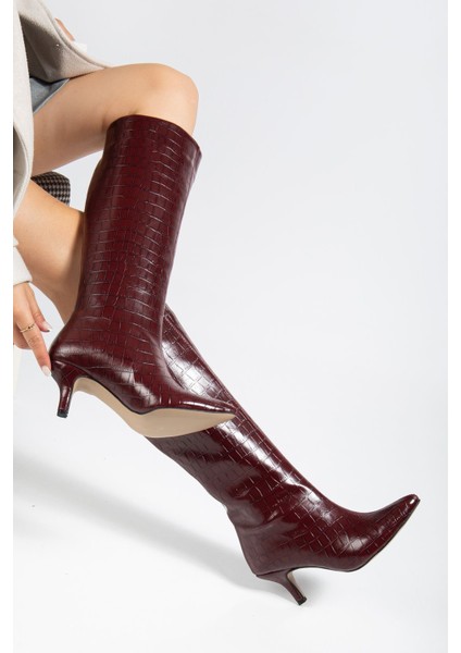 Bordo Kroko Günlük Kadın Çizme