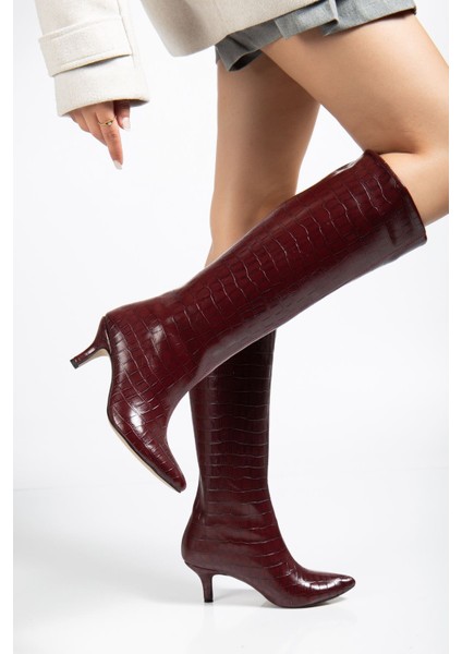 Bordo Kroko Günlük Kadın Çizme modelleri