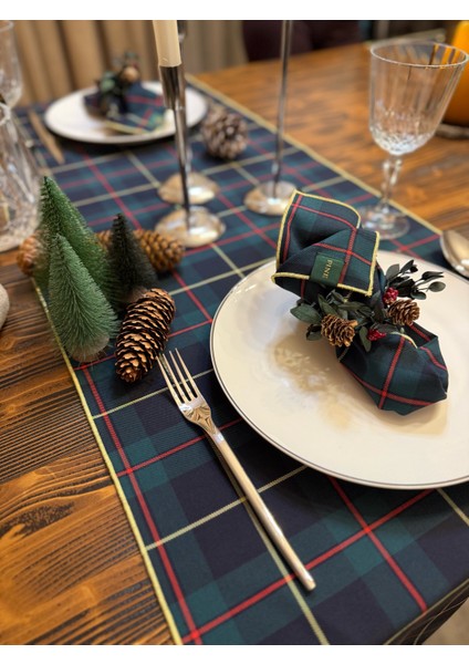 Lacivert Yeşil Ekose Runner 45X150 cm Yılbaşı Davet Yeni Yıl Masa Runner