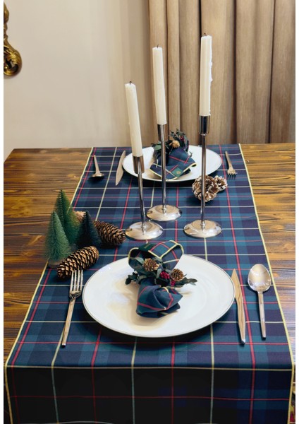 Lacivert Yeşil Ekose Runner 45X150 cm Yılbaşı Davet Yeni Yıl Masa Runner modelleri