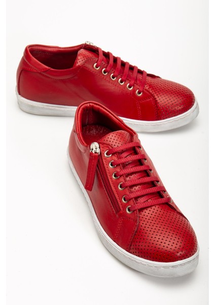 Kadın Kırmızı Hakiki Deri Delikli Spor Ayakkabı