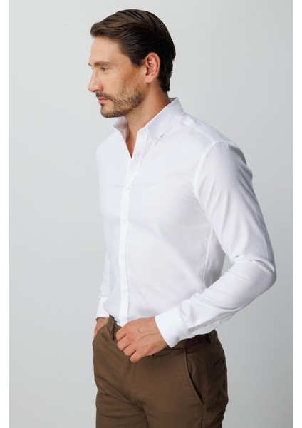 Beyaz Slim Fit Dar Kalıp Klasik Yaka Düz Uzun Kollu Cepsiz %100 Pamuk Gömlek fiyatları