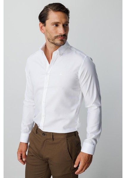 Beyaz Slim Fit Dar Kalıp Klasik Yaka Düz Uzun Kollu Cepsiz %100 Pamuk Gömlek indirimleri