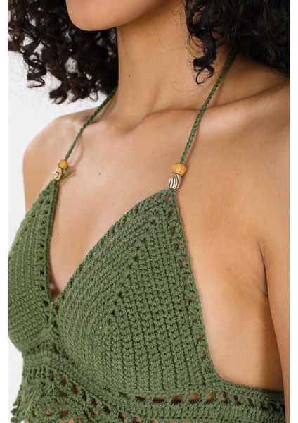 Örgü Kroşe Sırt Bağlamalı Yeşil Şık Kadın Örme Kuplu Bralet Büstiyer