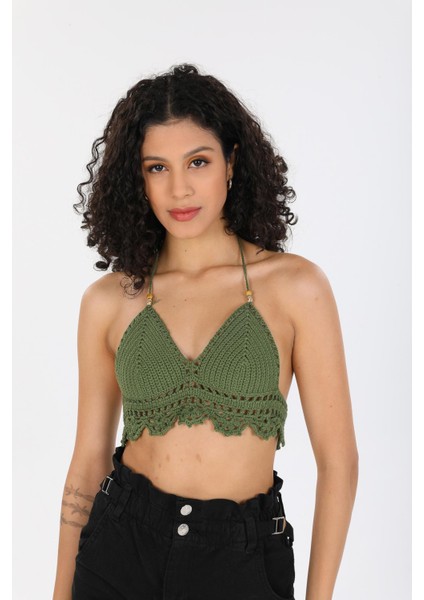 Örgü Kroşe Sırt Bağlamalı Yeşil Şık Kadın Örme Kuplu Bralet Büstiyer modelleri