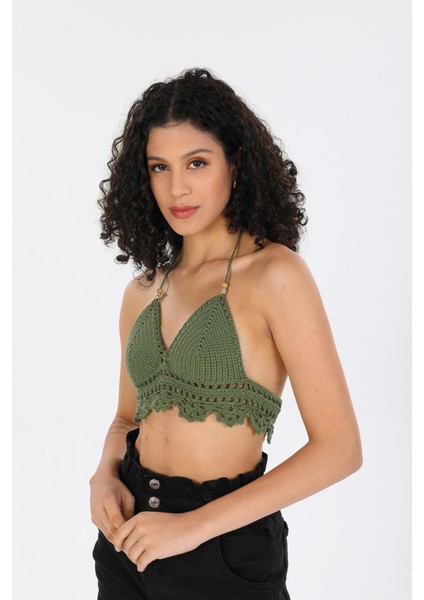Örgü Kroşe Sırt Bağlamalı Yeşil Şık Kadın Örme Kuplu Bralet Büstiyer fırsatları