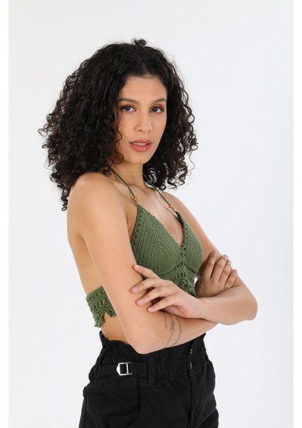 Örgü Kroşe Sırt Bağlamalı Yeşil Şık Kadın Örme Kuplu Bralet Büstiyer indirimleri