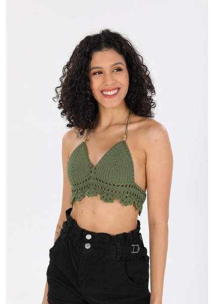 Örgü Kroşe Sırt Bağlamalı Yeşil Şık Kadın Örme Kuplu Bralet Büstiyer