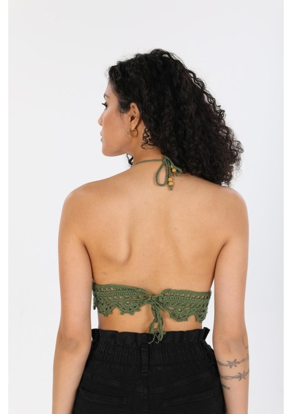 Örgü Kroşe Sırt Bağlamalı Yeşil Şık Kadın Örme Kuplu Bralet Büstiyer