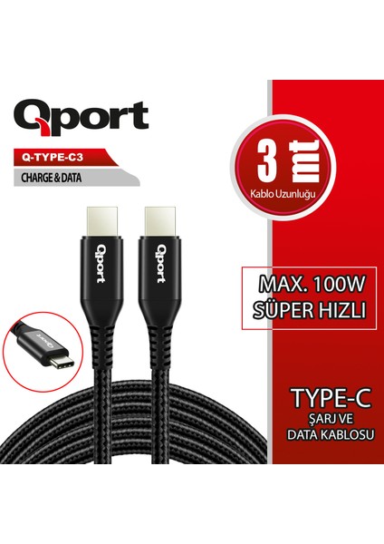 Qport Q-Type-C3 3m Type-C 100W Super Hızlı Pd Sarj ve Data Kablosu