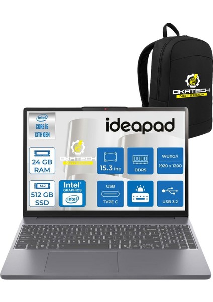 Ideapad Slim 3 İ5-13420H 24 GB Ram 512 GB SSD UHD 15.3" Wuxga WİN11PRO Notebook+Okatech Çanta