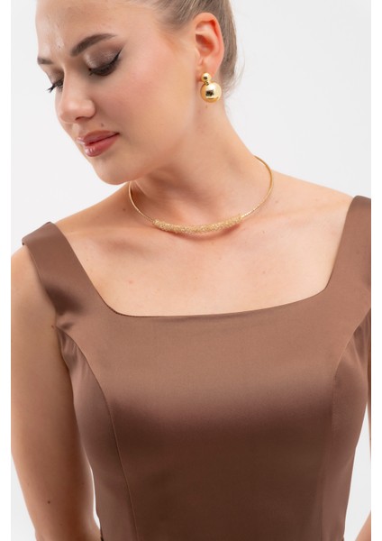 Kadın Kahverengi Kare Yaka Kemerli Midi Söz Nişan Elbisesi fırsatları