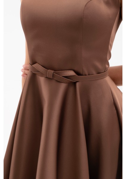 Kadın Kahverengi Kare Yaka Kemerli Midi Söz Nişan Elbisesi indirimleri