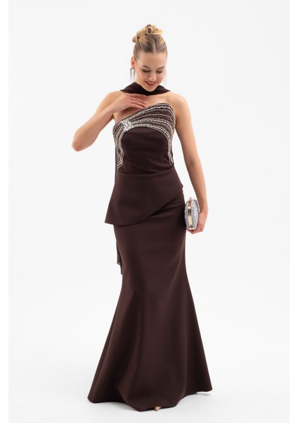 Kadın Kahverengi Straplez Taşlı Uzun Balık Abiye Elbise fiyatları