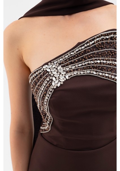 Kadın Kahverengi Straplez Taşlı Uzun Balık Abiye Elbise fırsatları