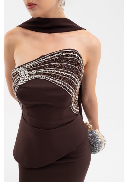 Kadın Kahverengi Straplez Taşlı Uzun Balık Abiye Elbise indirimleri
