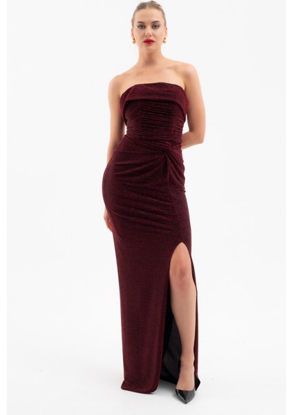 Kadın Bordo Straplez Yaka Düğüm Detay Uzun Abiye Elbise