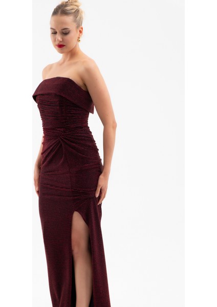 Kadın Bordo Straplez Yaka Düğüm Detay Uzun Abiye Elbise fiyatları