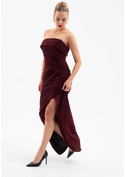 Kadın Bordo Straplez Yaka Düğüm Detay Uzun Abiye Elbise modelleri