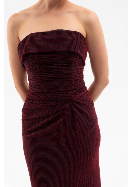 Kadın Bordo Straplez Yaka Düğüm Detay Uzun Abiye Elbise fırsatları