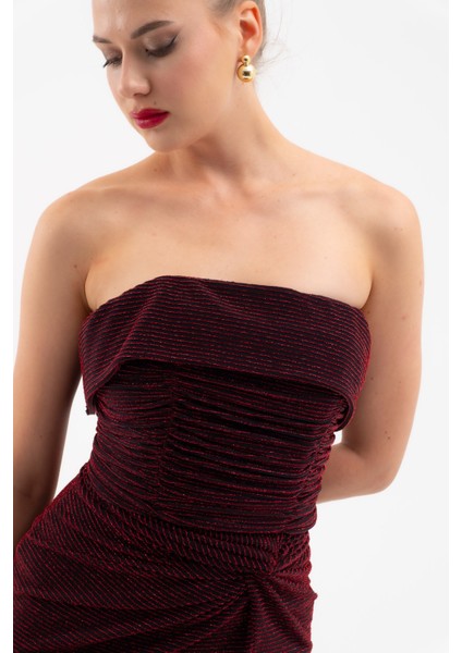 Kadın Bordo Straplez Yaka Düğüm Detay Uzun Abiye Elbise indirimleri