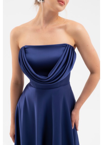 Kadın Lacivert Degaje Yaka Uzun Straplez Abiye indirimleri